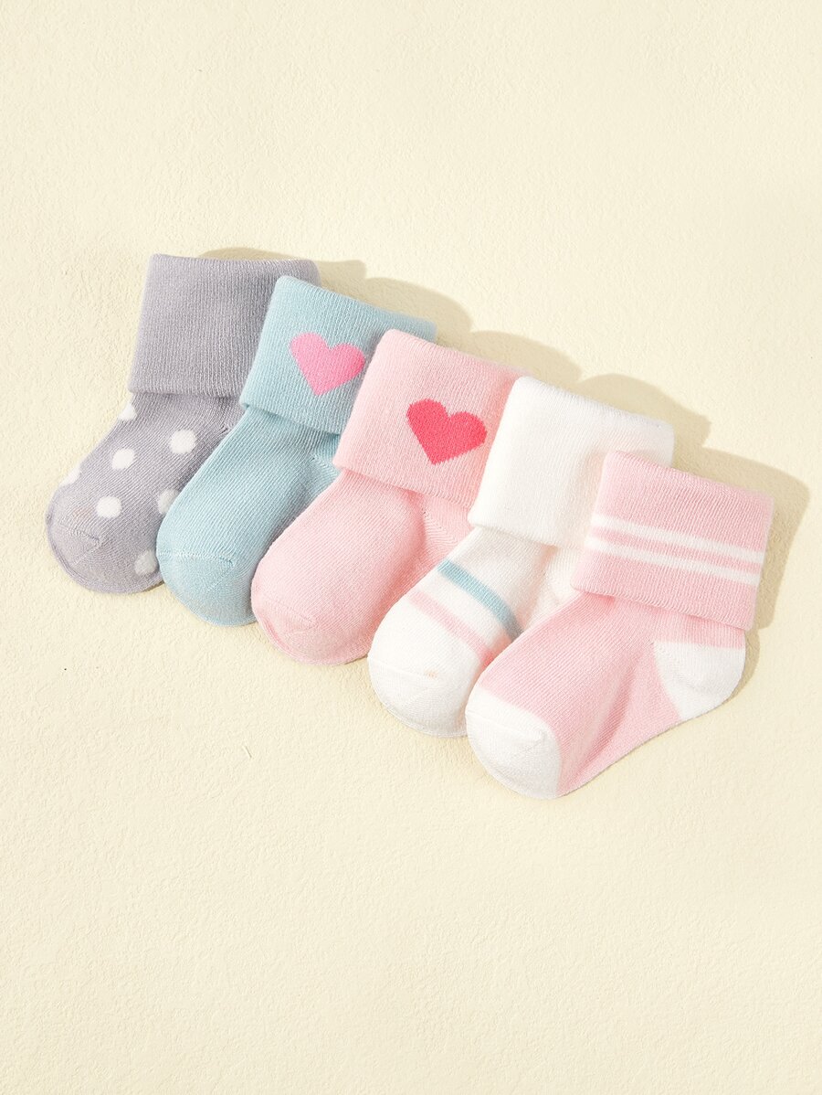 5双婴儿/幼儿爱心图案翻边袜 - 彩色 - 查看 1