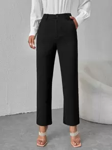 SHEIN PETITE High Waist Straight Leg Trousers - Black - View 1