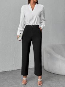 SHEIN PETITE High Waist Straight Leg Trousers - Black - View 4