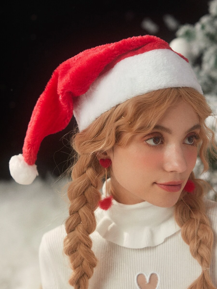 ROMWE Kawaii Christmas Two Tone Pompom Decor Hat - Red and White - View 1