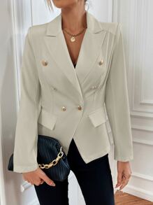 BizChic Lapel Neck Double Breasted Blazer - Khaki - View 1