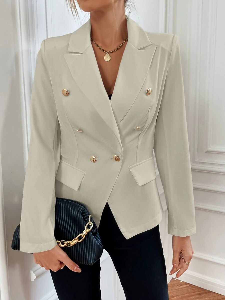 BizChic Lapel Neck Double Breasted Blazer - Khaki - View 1