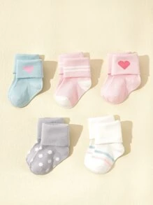 5双婴儿/幼儿爱心图案翻边袜 - 彩色 - 查看 2