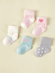 5双婴儿/幼儿爱心图案翻边袜 - 彩色 - 查看 9
