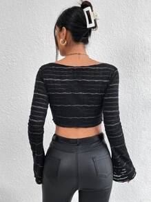 SHEIN BAE Striped Flounce Sleeve Crop Top - Black - View 2
