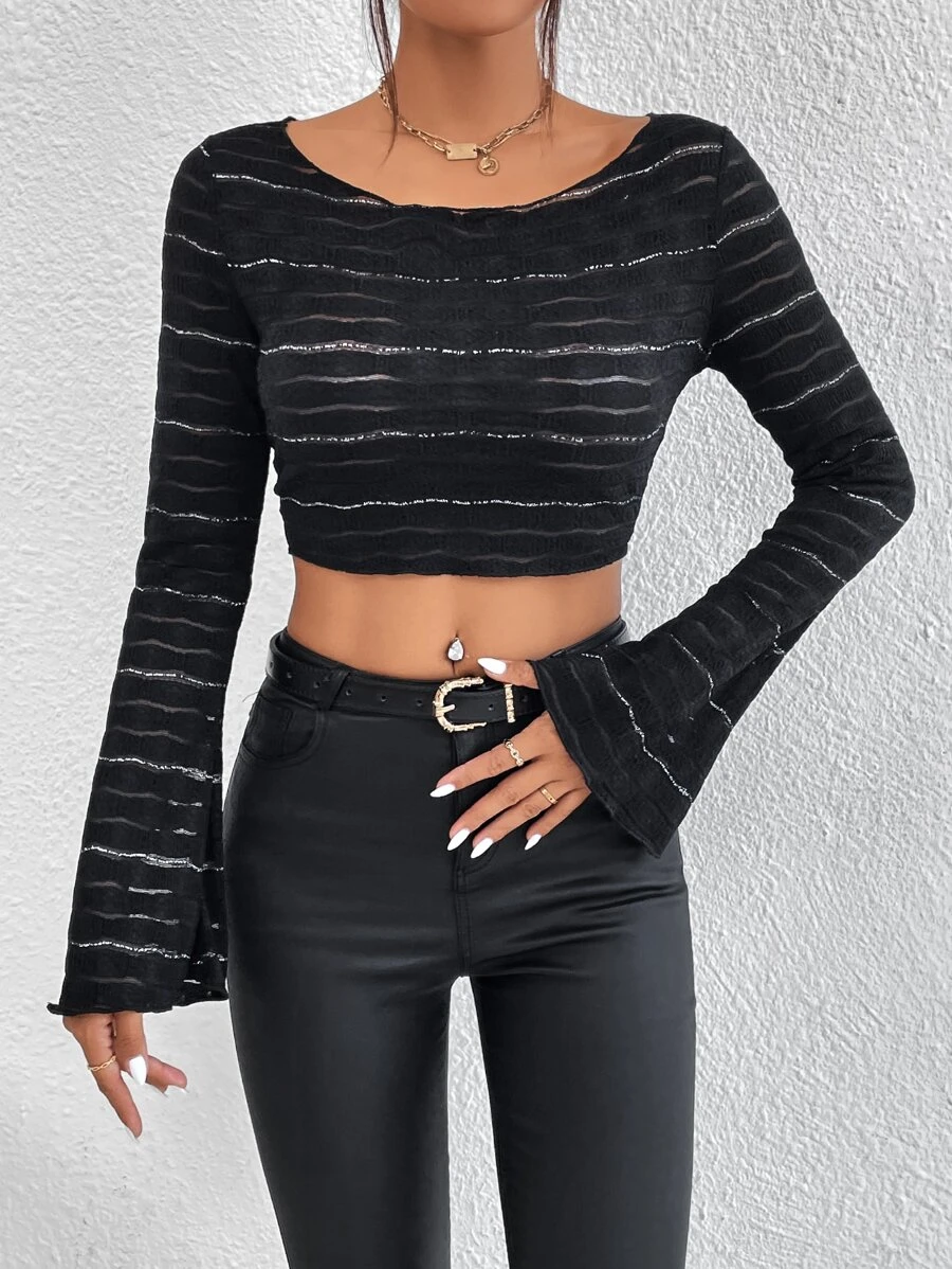 SHEIN BAE Striped Flounce Sleeve Crop Top - Black - View 1