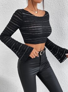 SHEIN BAE Striped Flounce Sleeve Crop Top - Black - View 4
