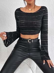 SHEIN BAE Striped Flounce Sleeve Crop Top - Black - View 3