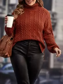 SHEIN LUNE Plus Turtleneck Cable Knit Drop Shoulder Jumper - Rust Brown - View 1