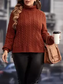 SHEIN LUNE Plus Turtleneck Cable Knit Drop Shoulder Jumper - Rust Brown - View 3