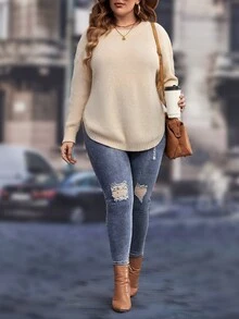 SHEIN LUNE Plus Drop Shoulder Curved Hem Jumper - Beige - View 4