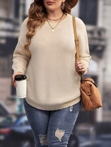 SHEIN LUNE Plus Drop Shoulder Curved Hem Jumper - Beige - View 3