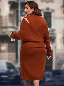 Mulvari Plus Batwing Sleeve Sweater & Knit Skirt - Rust Brown - View 2