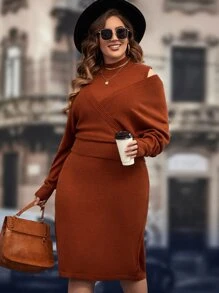 Mulvari Plus Batwing Sleeve Sweater & Knit Skirt - Rust Brown - View 3