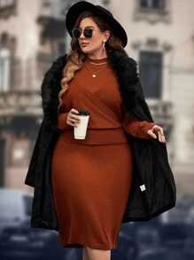 Mulvari Plus Batwing Sleeve Sweater & Knit Skirt - Rust Brown - View 6