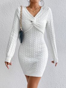 SHEIN Privé 前扭結麻花編織毛衣洋裝 - 白色 - 查看 3