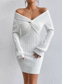 SHEIN Privé 前扭結麻花編織毛衣洋裝 - 白色 - 查看 4