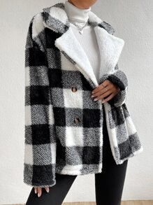 Buffalo Plaid Print Drop Shoulder Teddy Coat - Black and White - View 1
