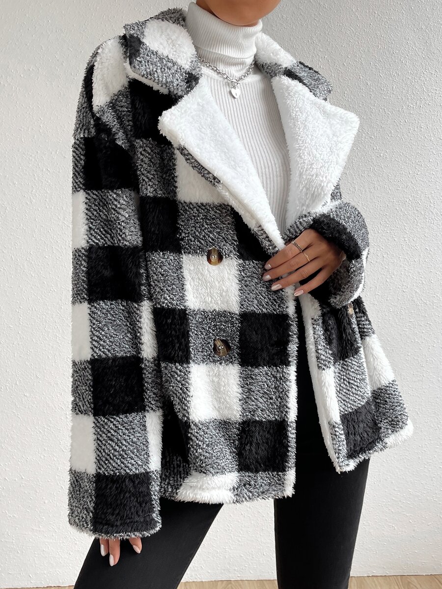 Buffalo Plaid Print Drop Shoulder Teddy Coat - Black and White - View 1