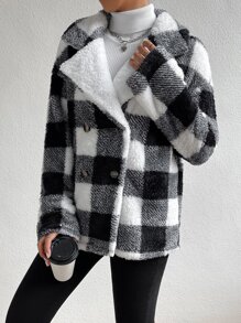 Buffalo Plaid Print Drop Shoulder Teddy Coat - Black and White - View 4