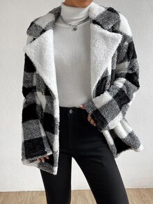 Buffalo Plaid Print Drop Shoulder Teddy Coat - Black and White - View 5