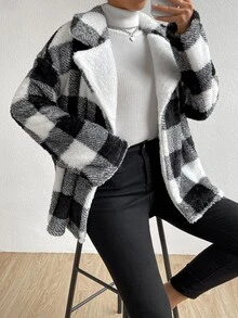 Buffalo Plaid Print Drop Shoulder Teddy Coat - Black and White - View 6