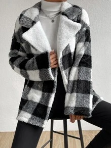 Buffalo Plaid Print Drop Shoulder Teddy Coat - Black and White - View 3