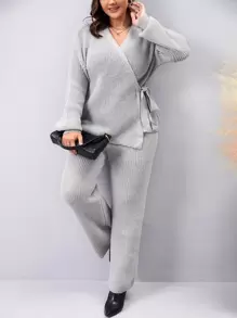 Mulvari Plus Drop Shoulder Knot Side Jumper & Knit Trousers - Light Grey - View 1