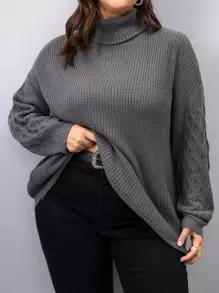 SHEIN LUNE Áo len Plus Size màu trơn Giải trí - Màu xám đen - Xem 1