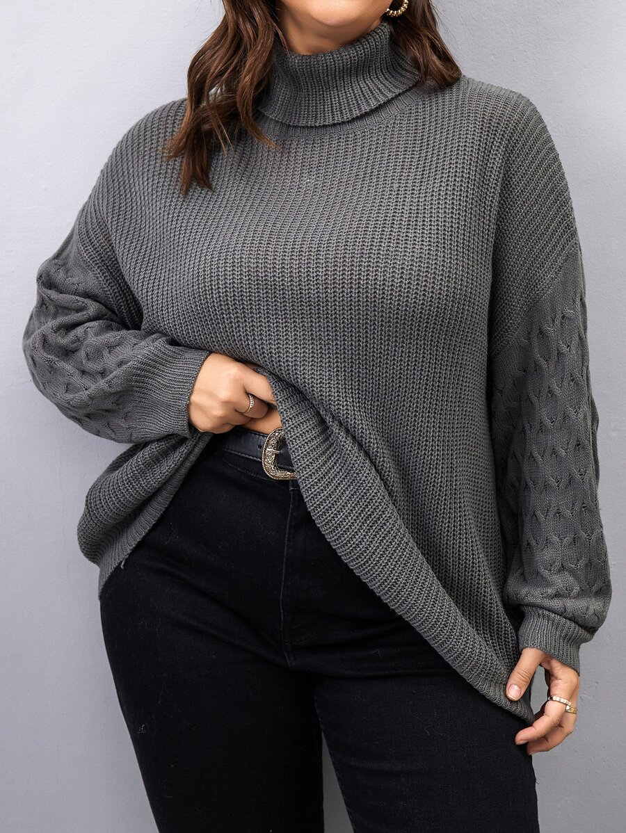 SHEIN LUNE Áo len Plus Size màu trơn Giải trí - Màu xám đen - Xem 1