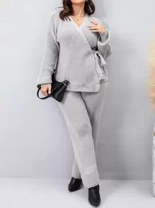 Mulvari Plus Drop Shoulder Knot Side Jumper & Knit Trousers - Light Grey - View 6