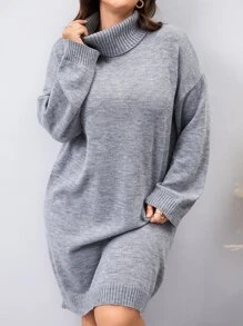 Mulvari Plus Turtleneck Drop Shoulder Jumper Dress - Grey - View 1