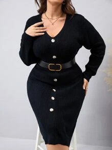 Modelyn Plus Drop Shoulder Button Detail Jumper Dress Without Belt - Black - View 3