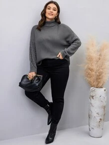 SHEIN LUNE Áo len Plus Size màu trơn Giải trí - Màu xám đen - Xem 3