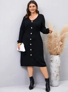 Modelyn Plus Drop Shoulder Button Detail Jumper Dress Without Belt - Black - View 4