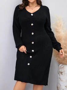 Modelyn Plus Drop Shoulder Button Detail Jumper Dress Without Belt - Black - View 5