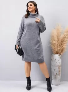 Mulvari Plus Turtleneck Drop Shoulder Jumper Dress - Grey - View 3