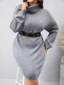 Mulvari Plus Turtleneck Drop Shoulder Jumper Dress - Grey - View 6