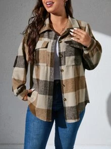 SHEIN LUNE Cazadora con estampado de cuadros con bolsillo con solapa - Multicolor - Ver 4