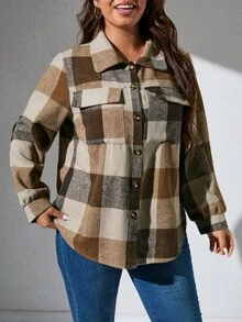 SHEIN LUNE Cazadora con estampado de cuadros con bolsillo con solapa - Multicolor - Ver 5