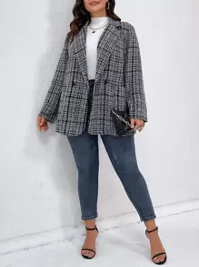 SHEIN LUNE Plus Plaid Pattern Lapel Neck Tweed Overcoat - Black and White - View 1