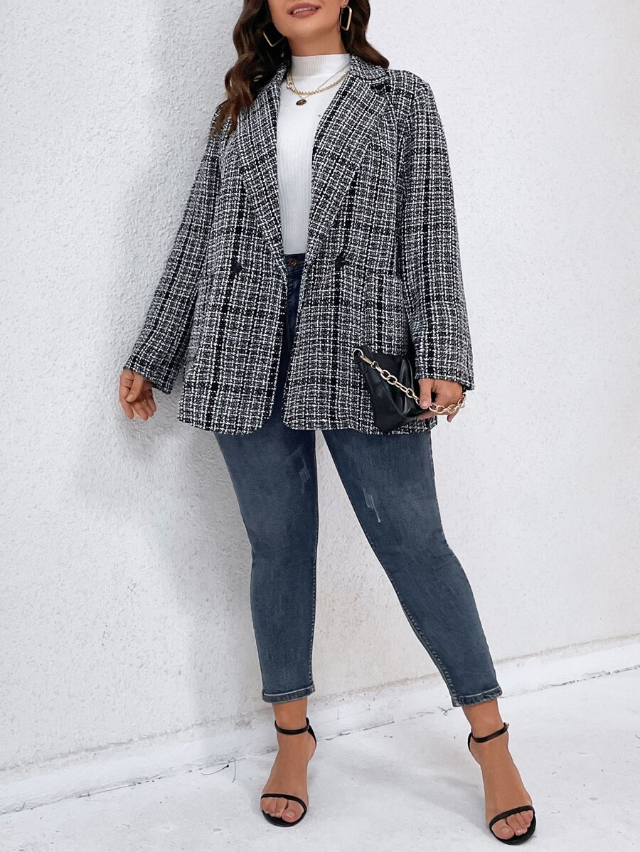 SHEIN LUNE Plus Plaid Pattern Lapel Neck Tweed Overcoat - Black and White - View 1