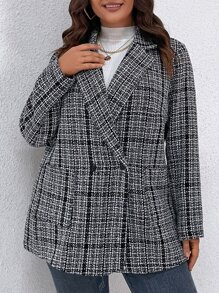 SHEIN LUNE Plus Plaid Pattern Lapel Neck Tweed Overcoat - Black and White - View 3
