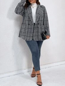 SHEIN LUNE Plus Plaid Pattern Lapel Neck Tweed Overcoat - Black and White - View 4