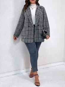 SHEIN LUNE Plus Plaid Pattern Lapel Neck Tweed Overcoat - Black and White - View 5