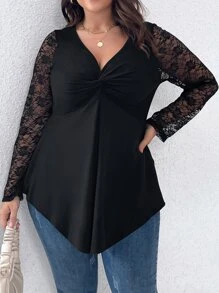 Plus Contrast Lace Twist Front Hanky Hem Top - Black - View 1