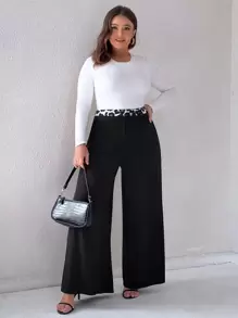 Plus High Waist Leopard Panel Wide Leg Trousers - Black - View 1