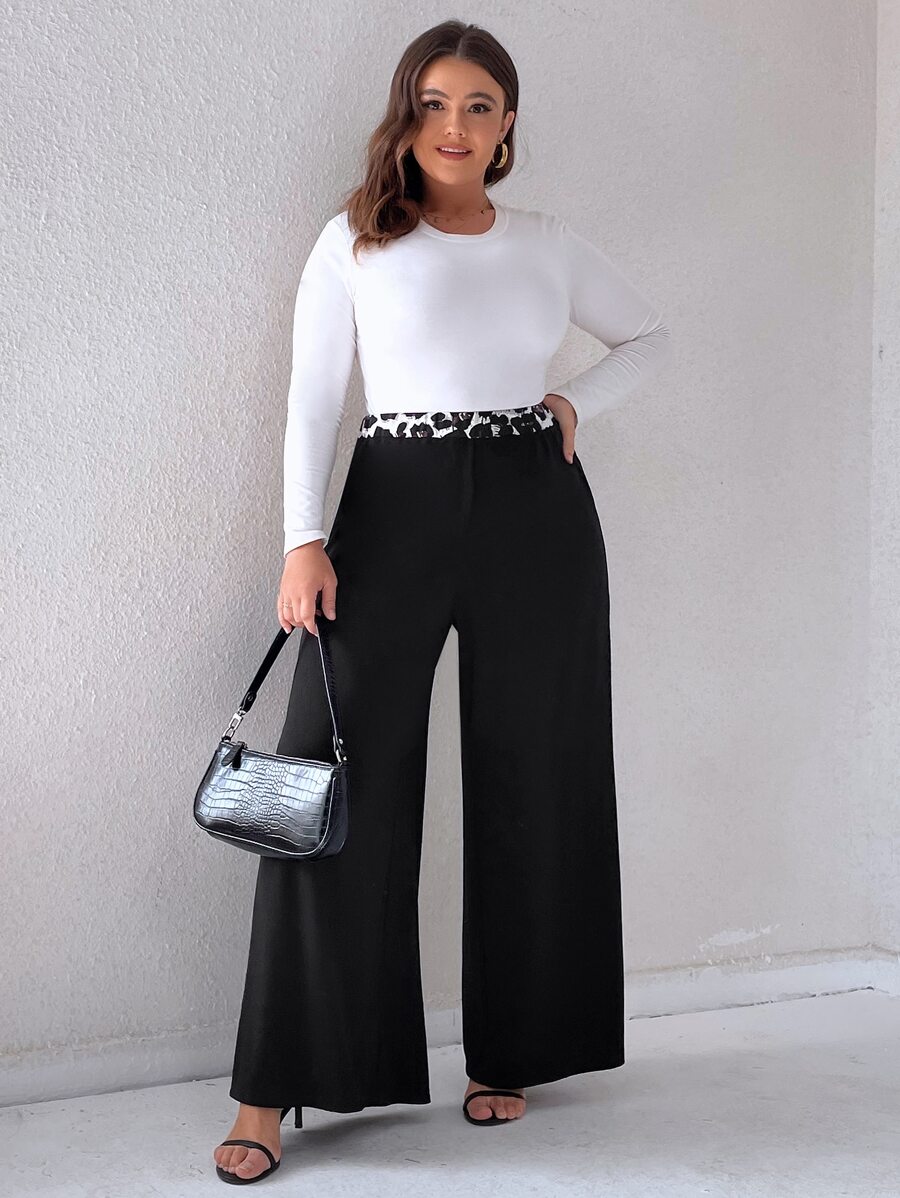 Plus High Waist Leopard Panel Wide Leg Trousers - Black - View 1
