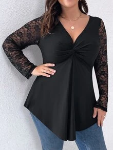 Plus Contrast Lace Twist Front Hanky Hem Top - Black - View 3