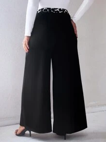 Plus High Waist Leopard Panel Wide Leg Trousers - Black - View 2